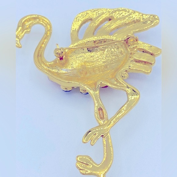 Signed FOX Rhinestone & Enamel Gold Filled Flamingo Pin/Brooch Costume Jewelry - Picture 2 of 6